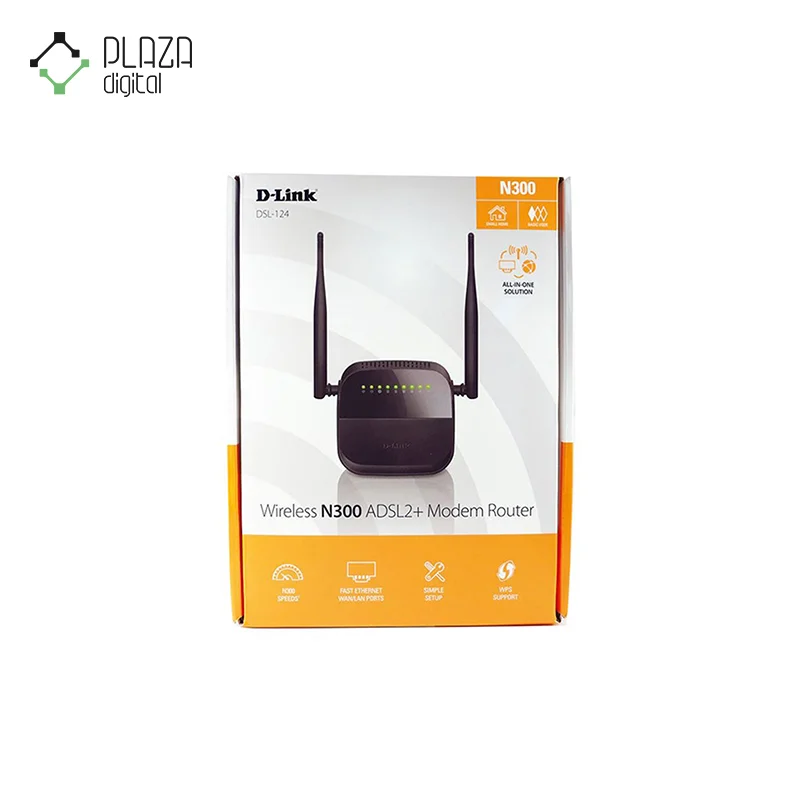 نمای جعبه مودم روتر +adsl2 بی‌سیم 300mbps دی لینک مدل dsl-124