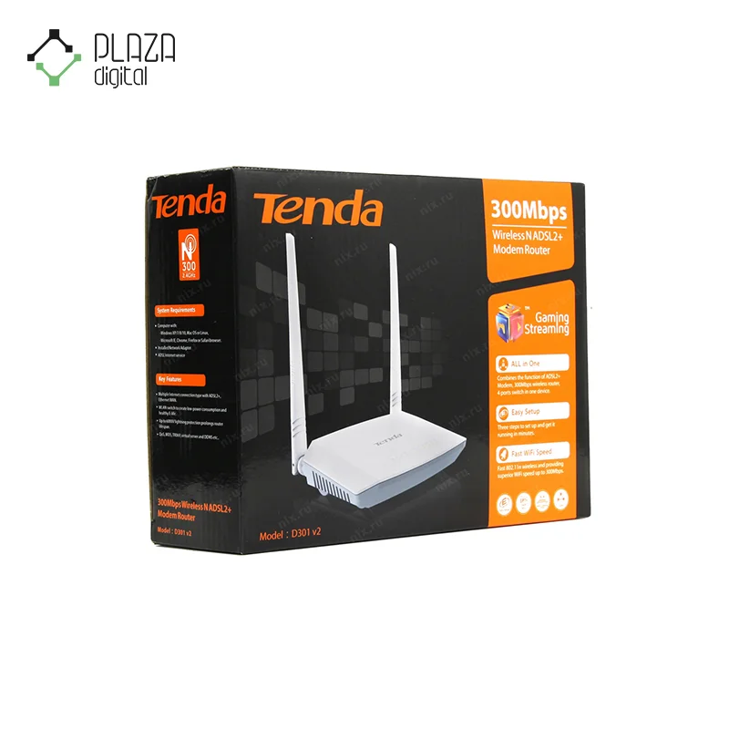 نمای جعبه مودم روتر +adsl2 بی‌سیم 300mbps تندا مدل d301 v2